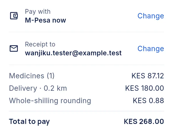 Checkout summary: pay with M-Pesa now; medicines KES 87.12, delivery 0.2 km KES 180.00, rounding KES 0.88, total to pay KES 268.00.