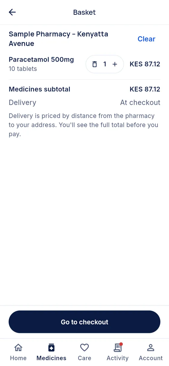 Basket with Paracetamol 500mg from one pharmacy, a medicines subtotal and a note that delivery is priced at checkout.