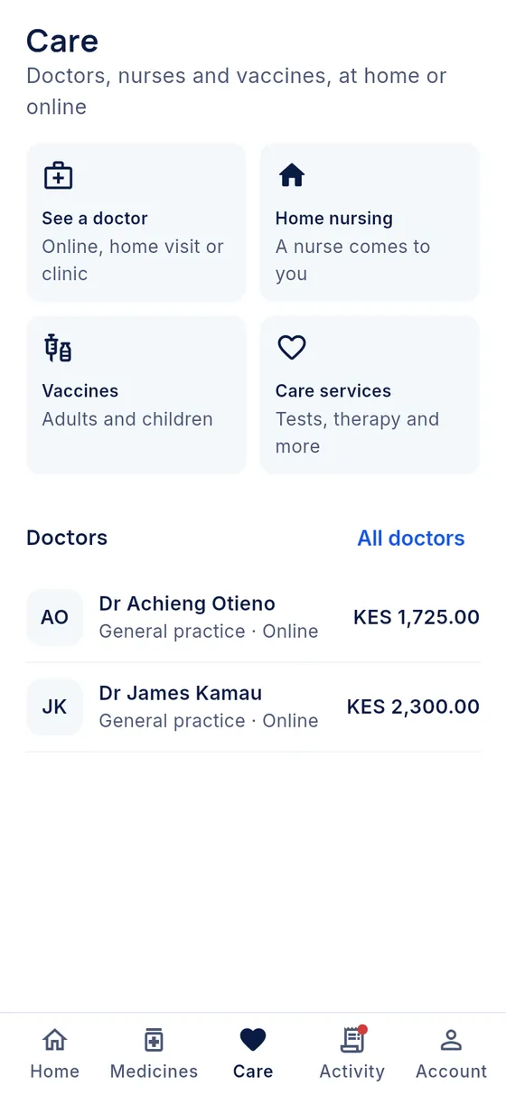 The Care screen: see a doctor, home nursing, vaccines and care services, with a list of doctors and their consultation prices.