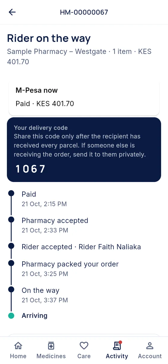 Order tracking: rider on the way, paid by M-Pesa, a four-digit delivery code and a timeline of each step.