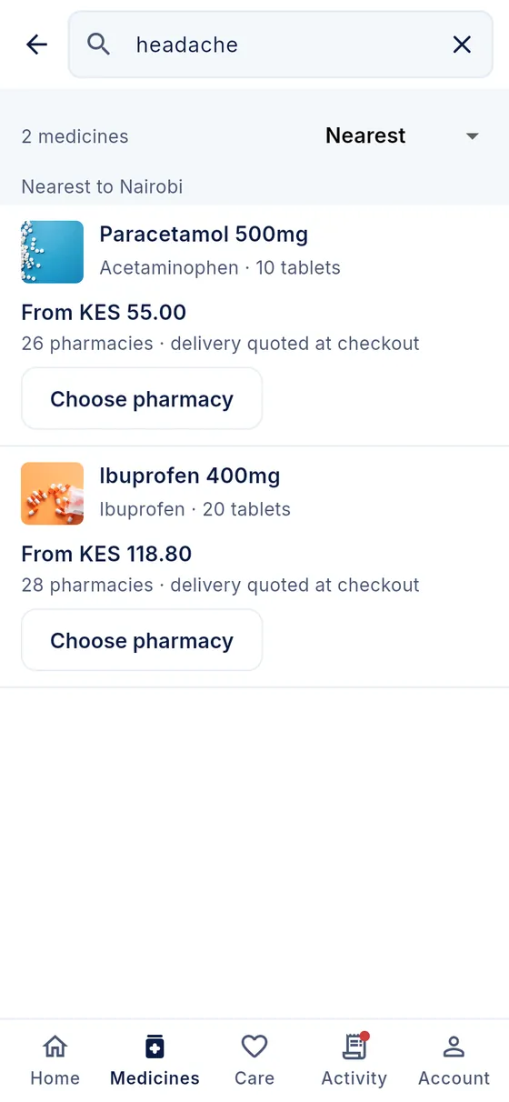 Search results for “headache” showing Paracetamol and Ibuprofen with prices and pharmacy counts.