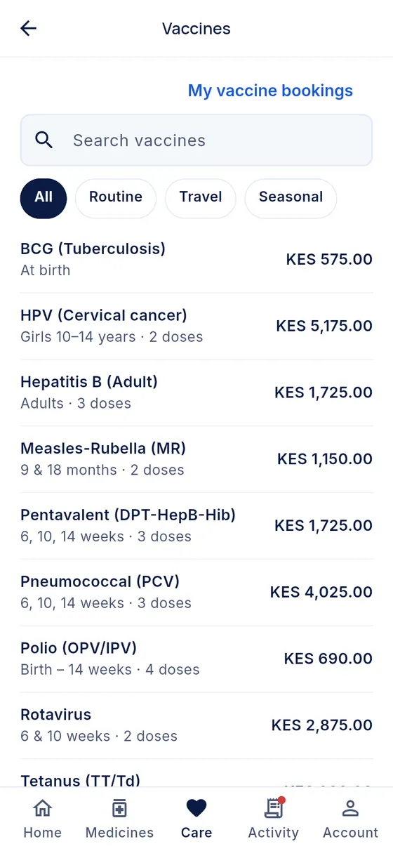 Vaccines: a list including BCG, HPV, Hepatitis B, Measles-Rubella and Polio, with age groups, doses and prices.